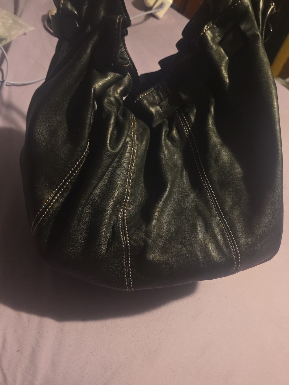Adrienne Vittadini Black Genuine Leather Gathered Shoulder Bag